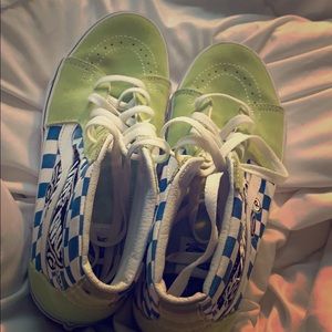 green & blue checkered high top vans